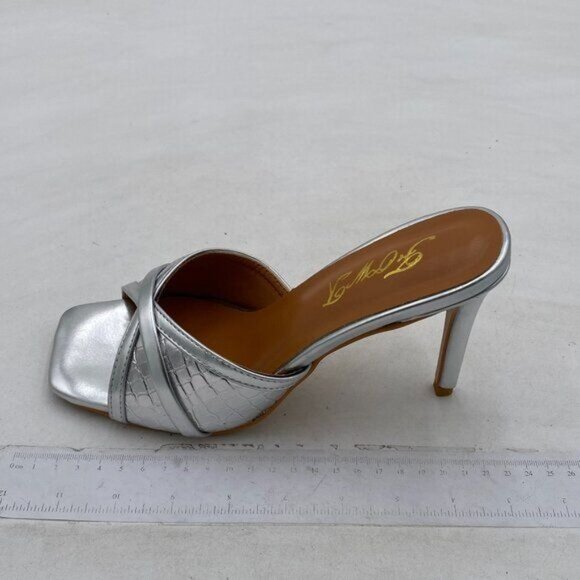 FOWT Silver Metallic Croc-embossed Mules Square Toe Cross Narrow Band Sandals - Picture 2 of 8